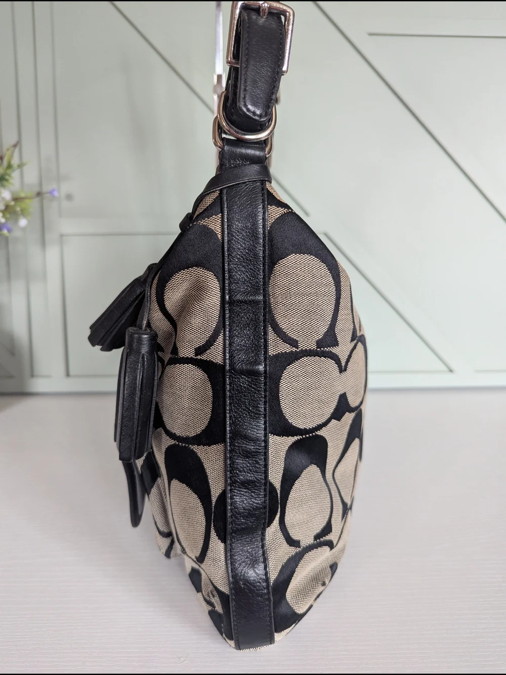 Coach Khaki and Black Signature Canvas Hobo with Tassel